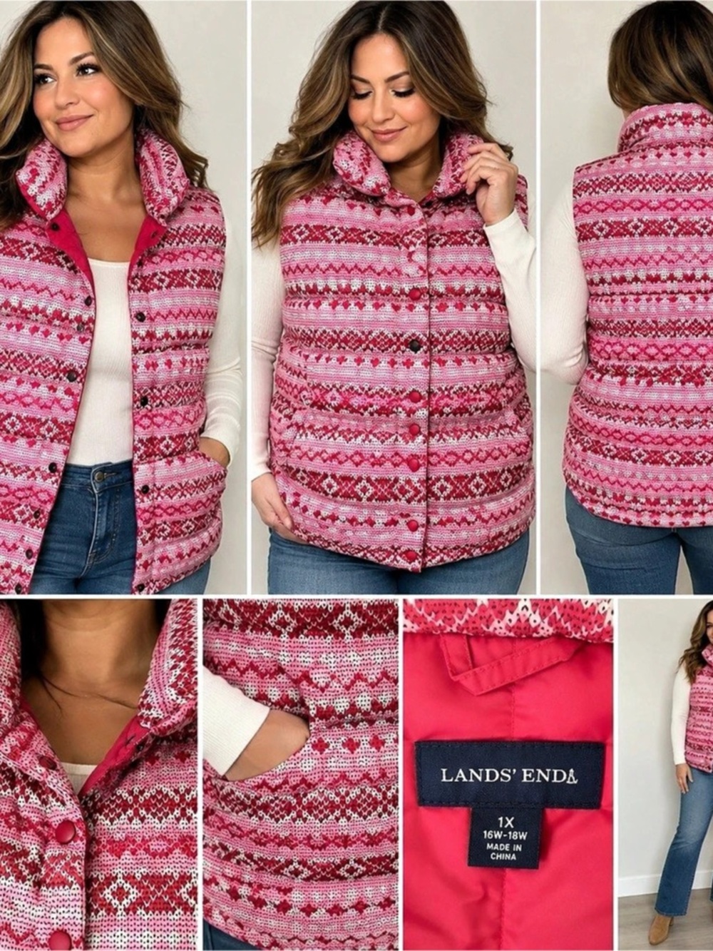 Lands' End Fair Isle Puffer Vest in Pink & White XL